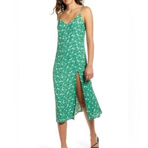 Reformation pico green floral print cremini thigh high slit slip dress travel